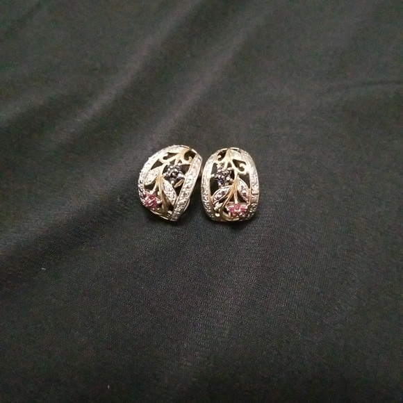 .925 silver with gold overlay Sapphire, Ruby and diamond earrings - Picture 2 of 7